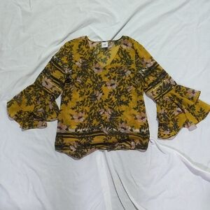CAbi Mustard Floral Blouse with Bell Sleeves